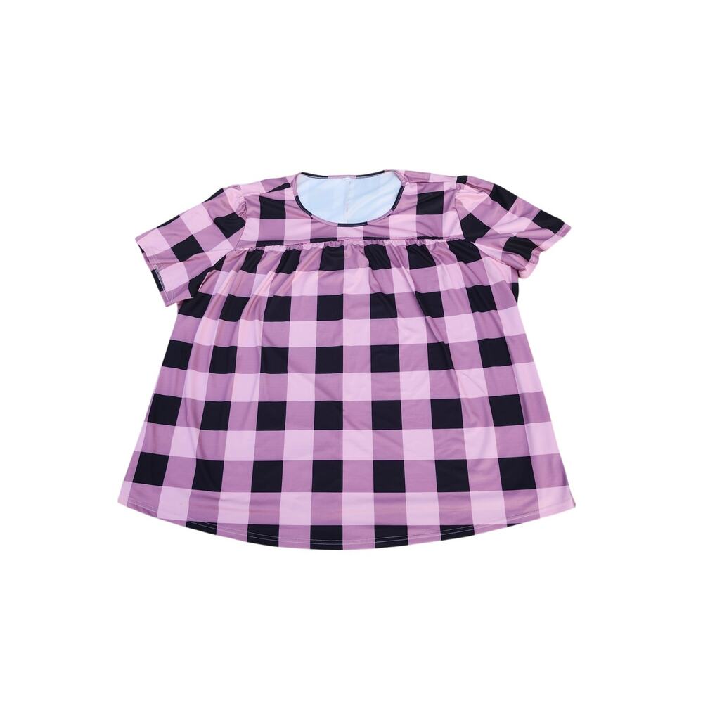 Pink & Black Buffalo Plaid 6XL Womens Top Short Sleeve Stretch Grunge Whimsygoth